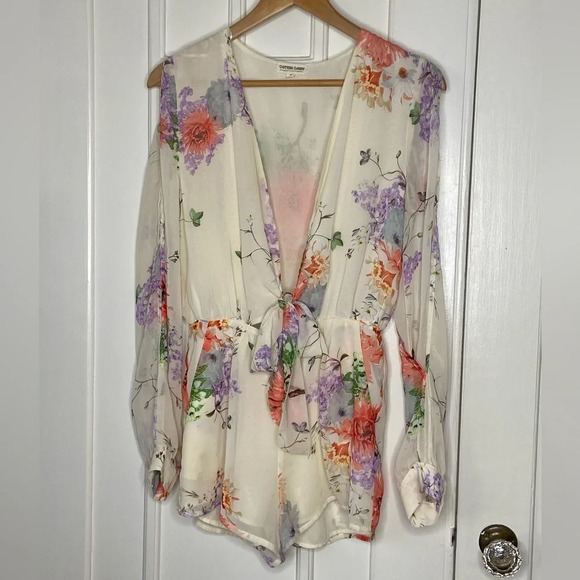 Cotton Candy LA romper cream floral print low cut  with a peek-a-boo tummy sexy - Picture 5 of 17